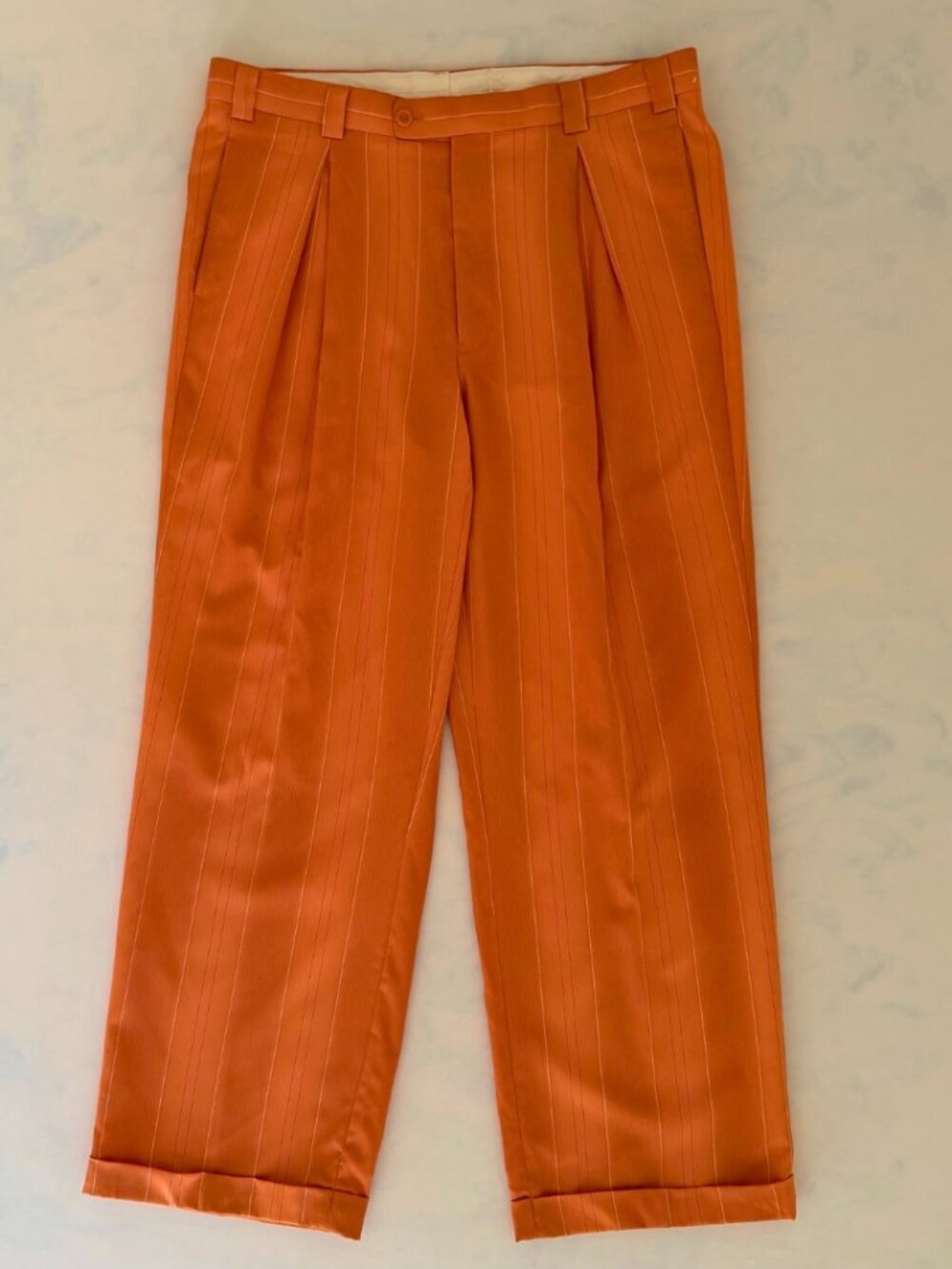 Falcone Retro Pleated Orange Pinstripe Wide Leg Trouser Pants